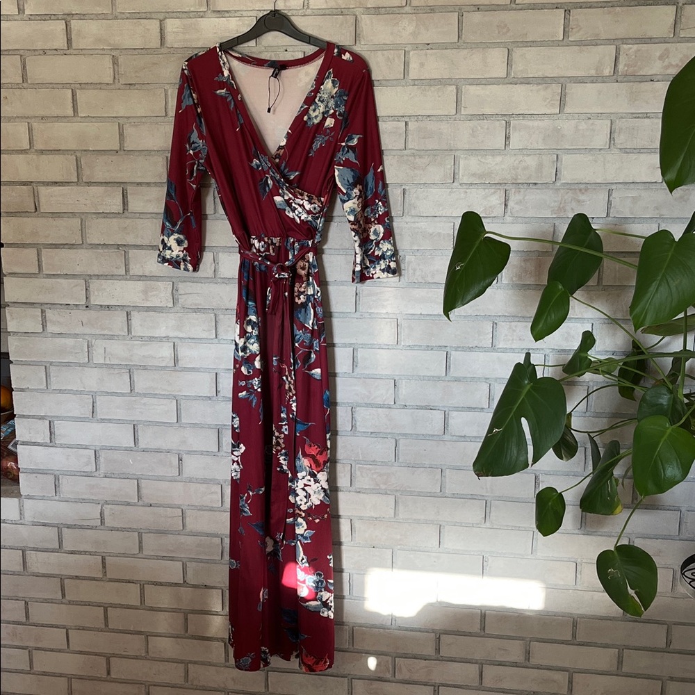 Floral Wrap Maxi Dress in Burgundy